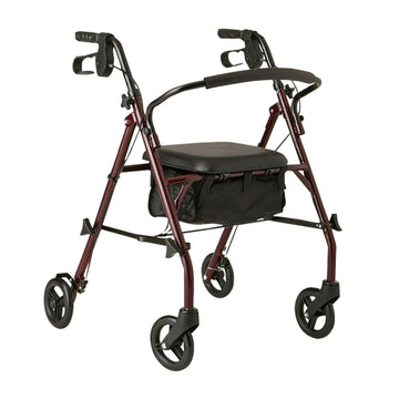 Red rollator with a black seat on a white background