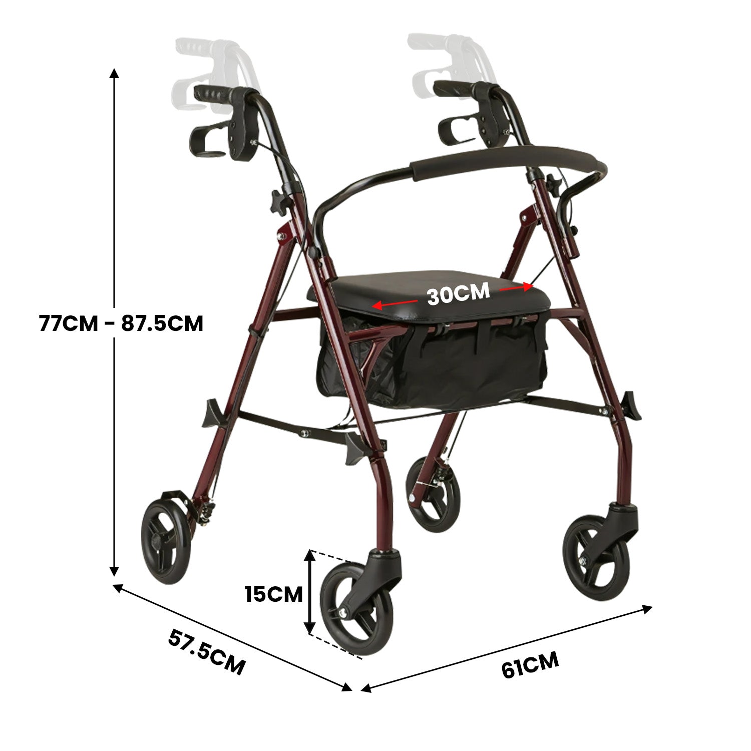 Red rollator with dimensions labeled on a white background