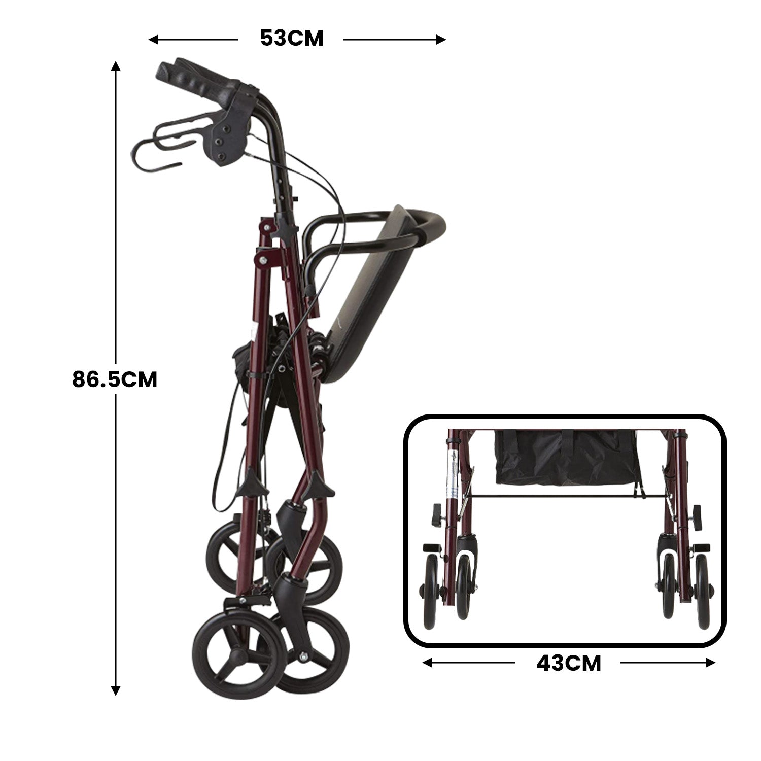 Measurement chart of a walking frame with dimensions labeled.