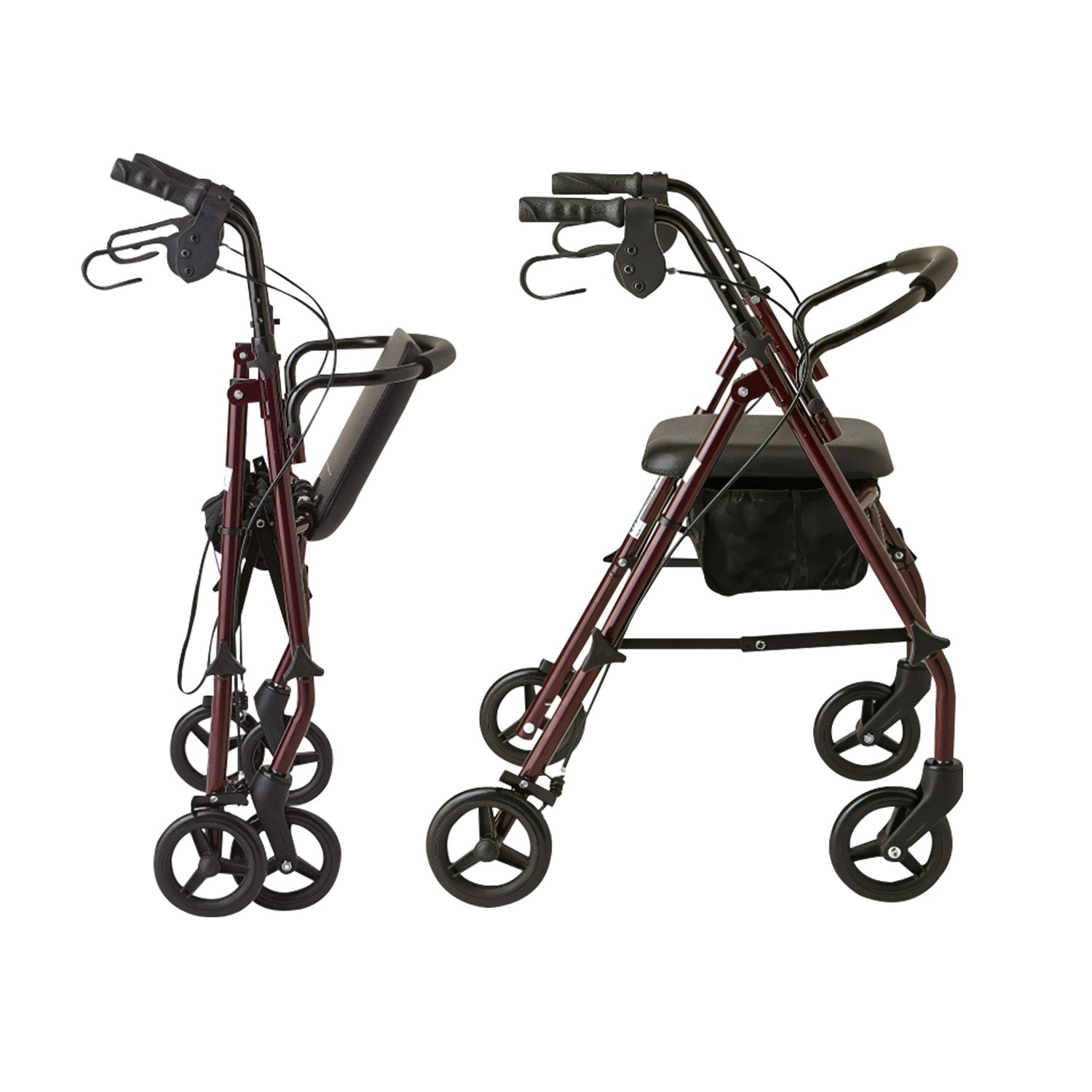 Two red rollators with wheels on a white background