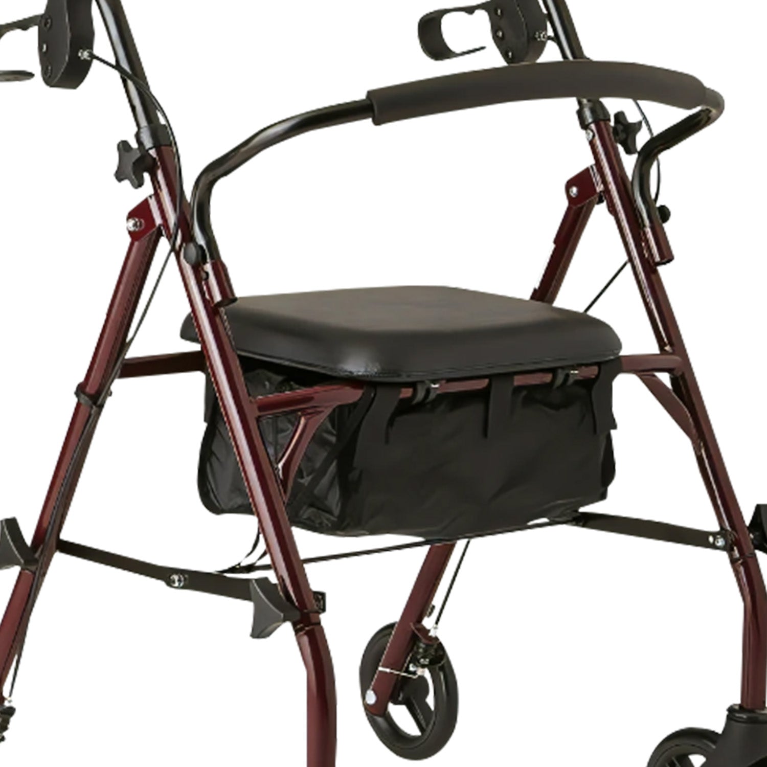 Red metal walker with a black seat and bag on a white background