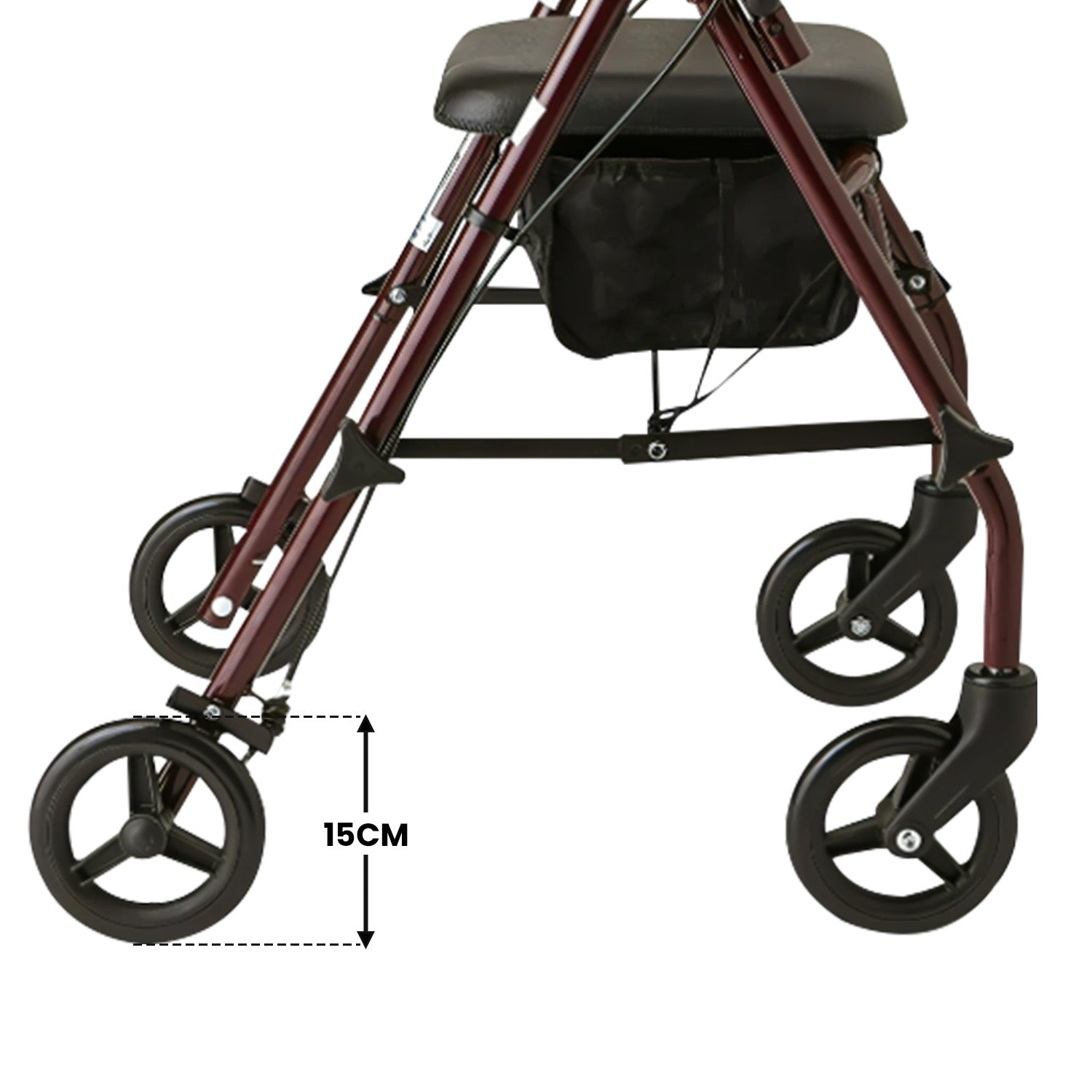Close-up of a walker with wheels and a seat, showing a measurement of 15cm.
