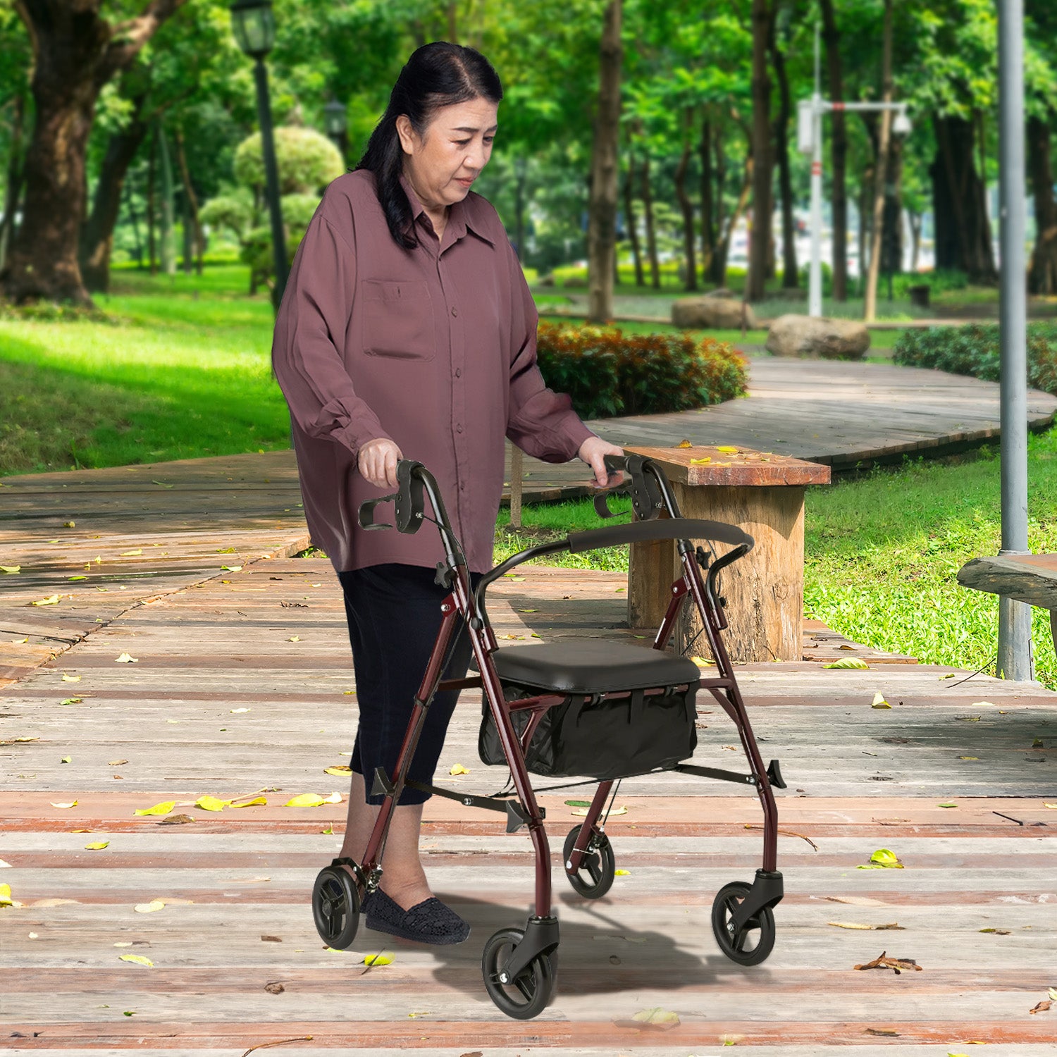 Woman using a walker in a park setting