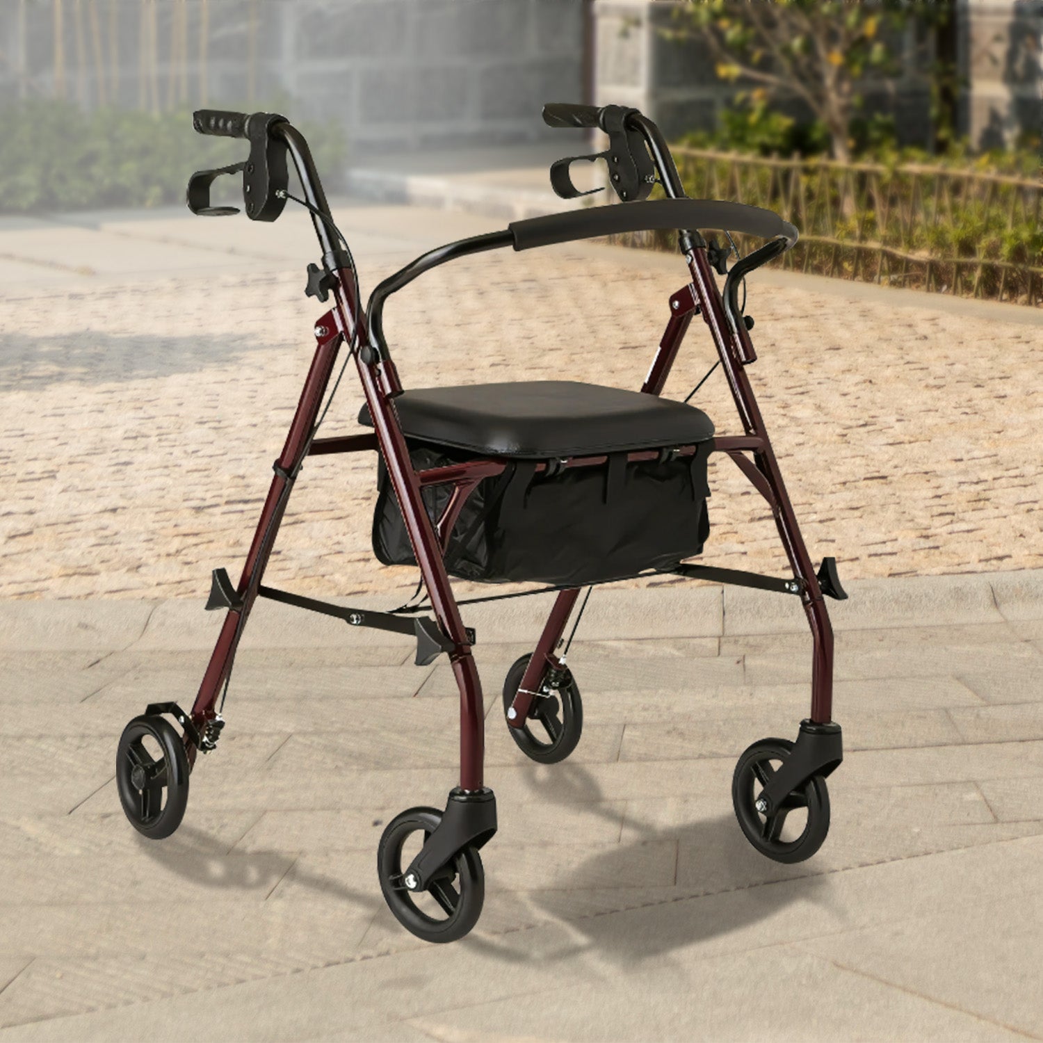 Rollator walker on a paved outdoor surface