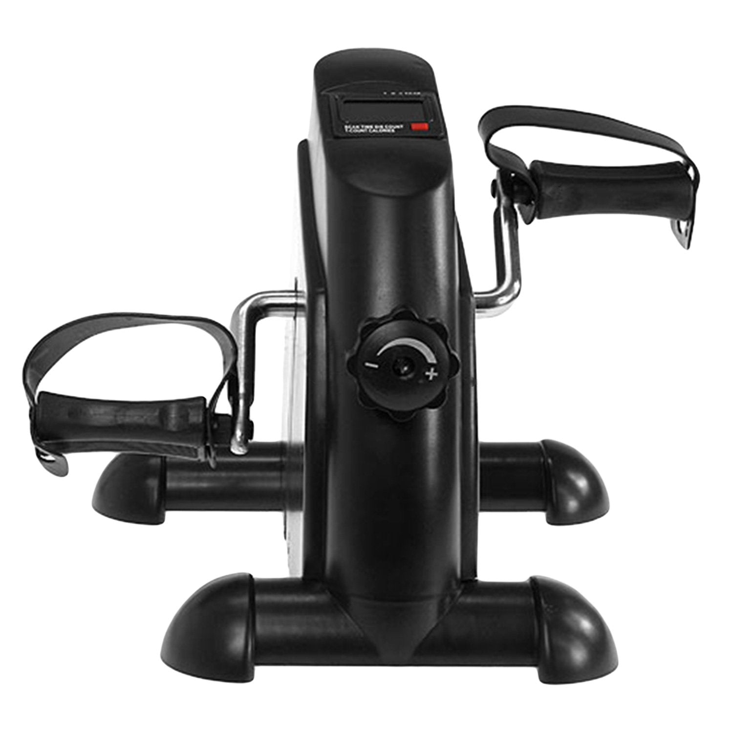 Black mini exercise bike with digital display on a white background