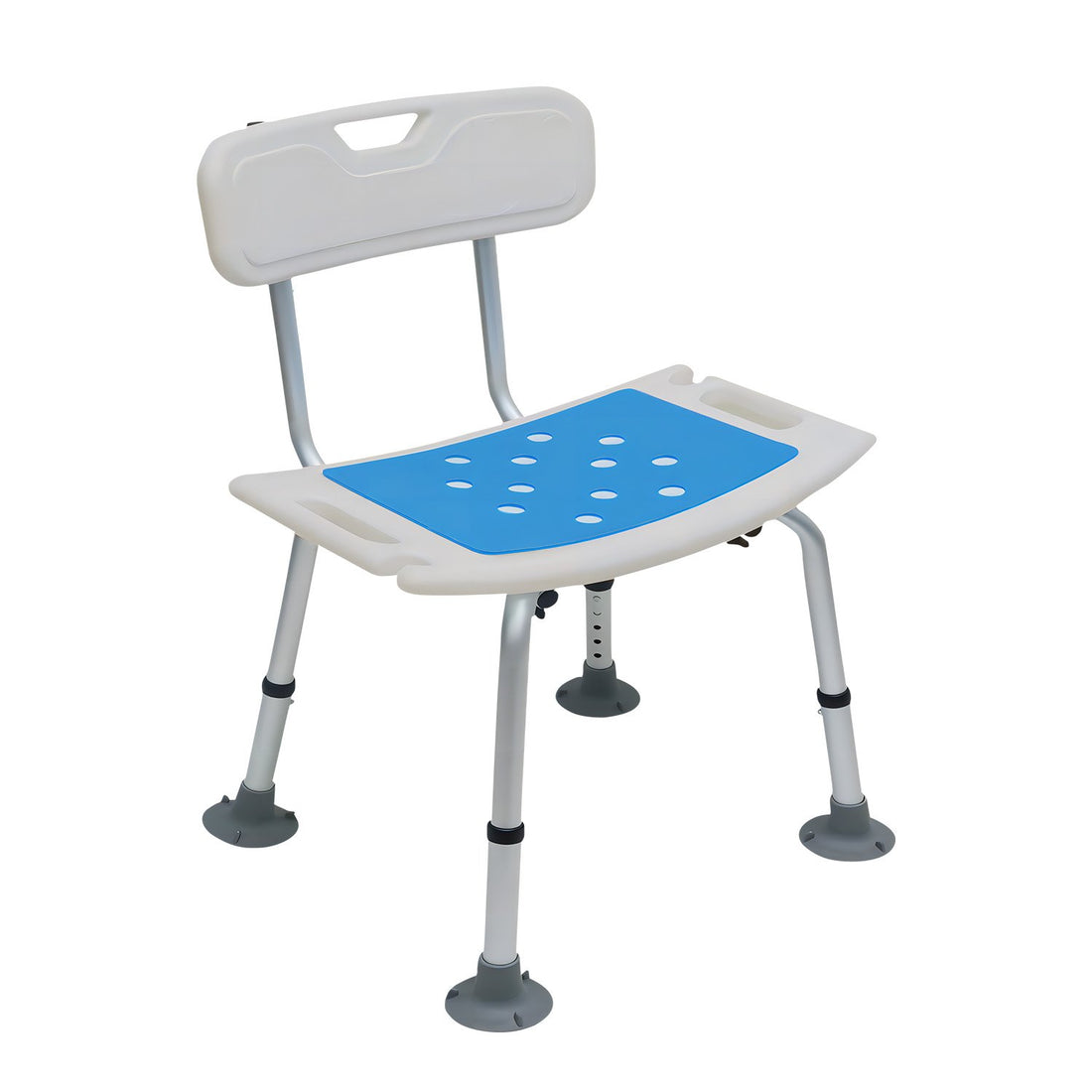 Adjustable shower chair with a blue seat on a white background