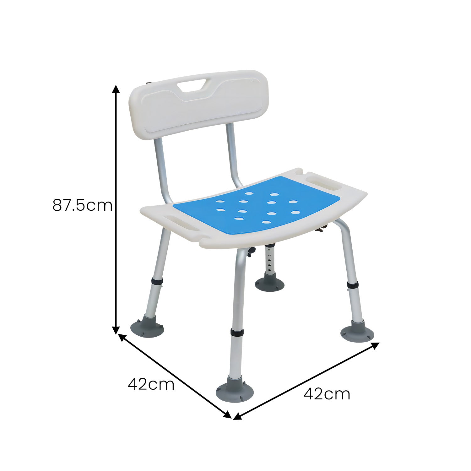 Measurement chart of a adjustable shower seat with dimensions on a white background
