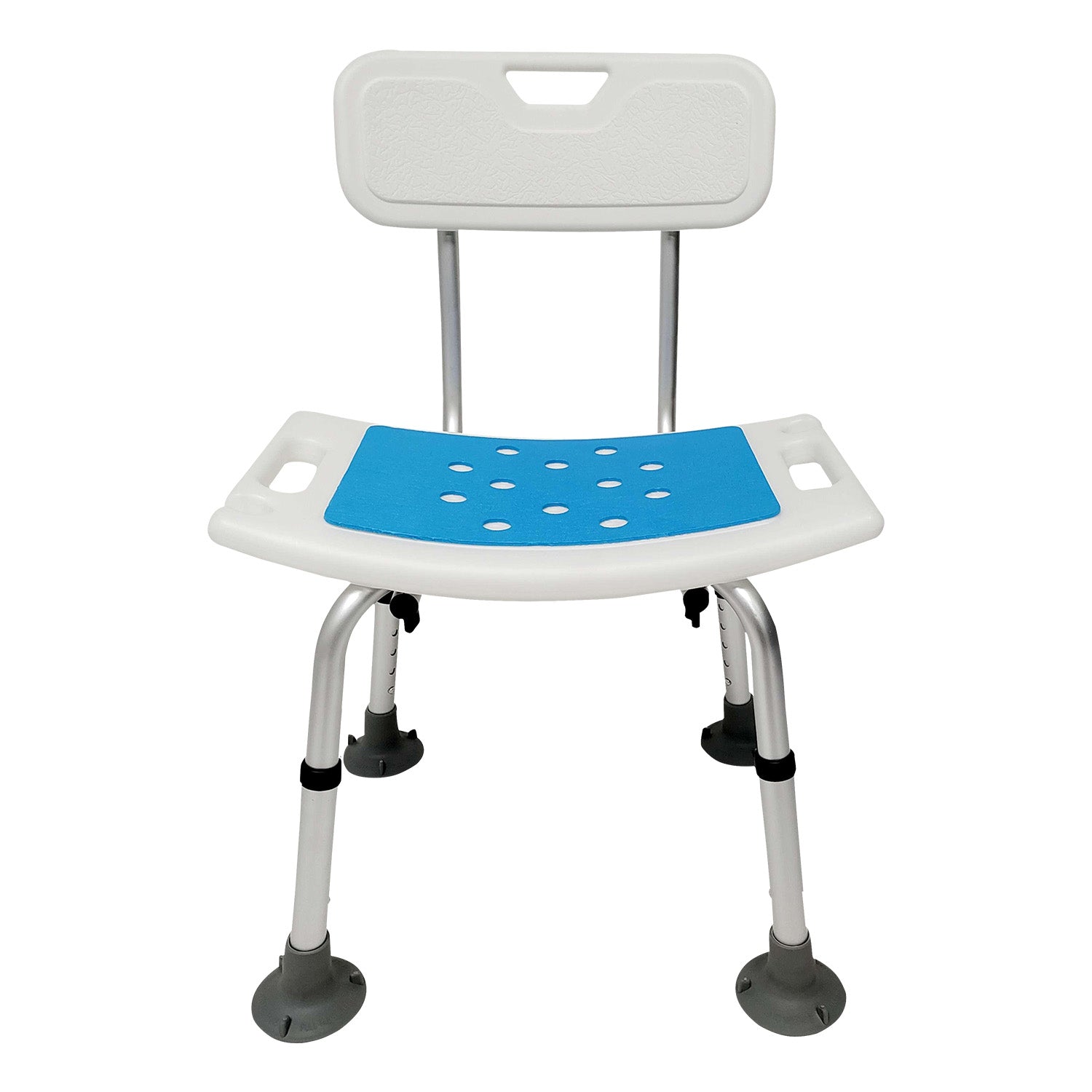 White shower chair with a blue seat on a white background