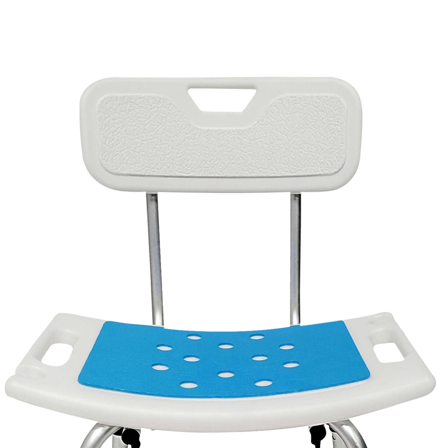 White shower chair with a blue seat pad on a white background