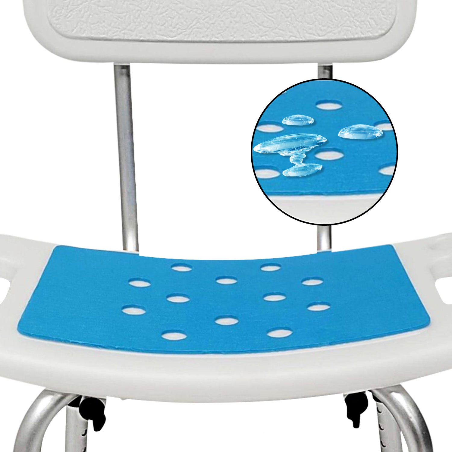Blue shower seat with white dots on a white background