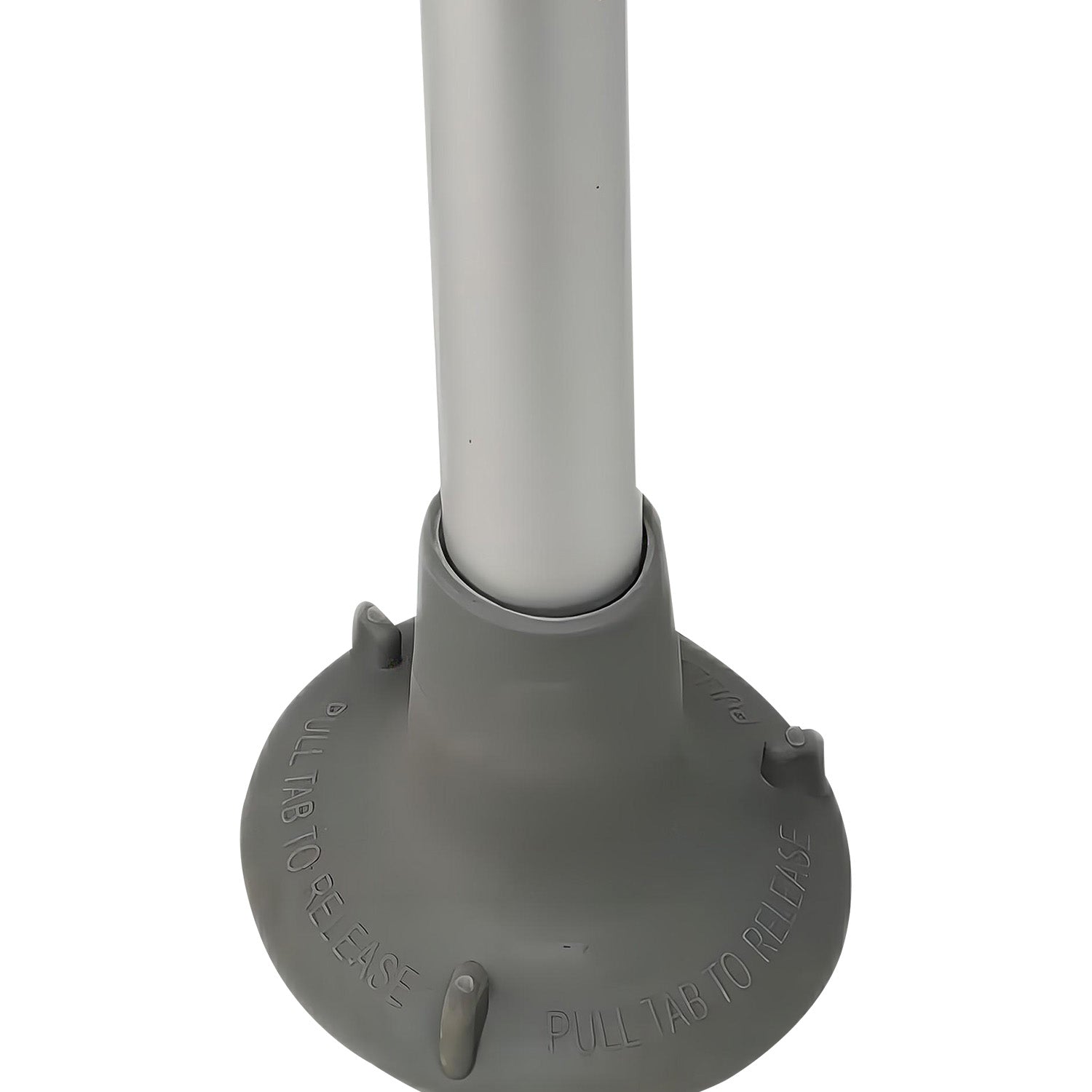 Gray plastic component with text on a white background