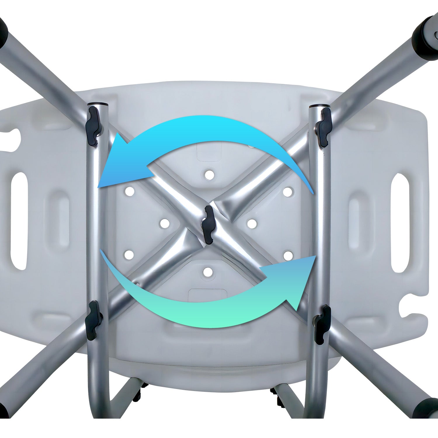 Metallic chair frame with blue arrows indicating rotation on a white background