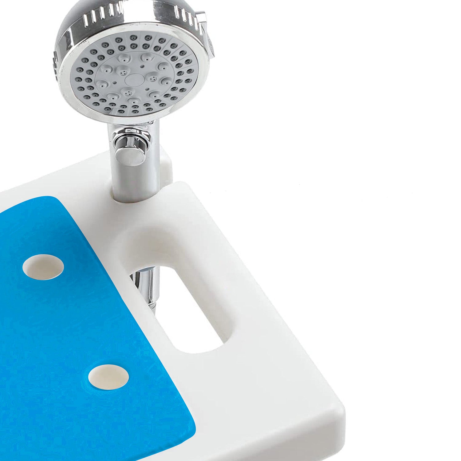 Shower head attached to a white and blue shower base on a white background
