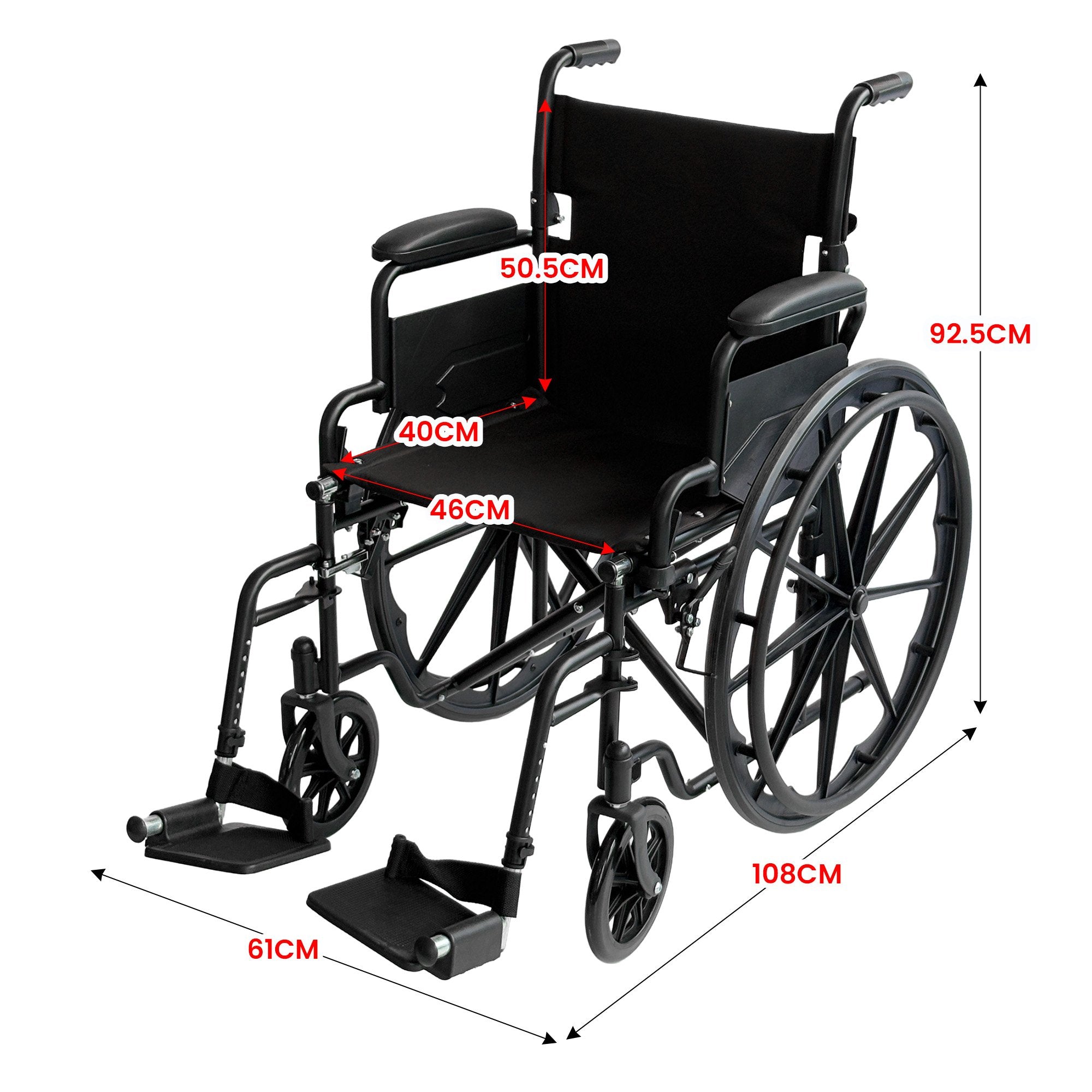 Black wheelchair with measurements indicated on a white background