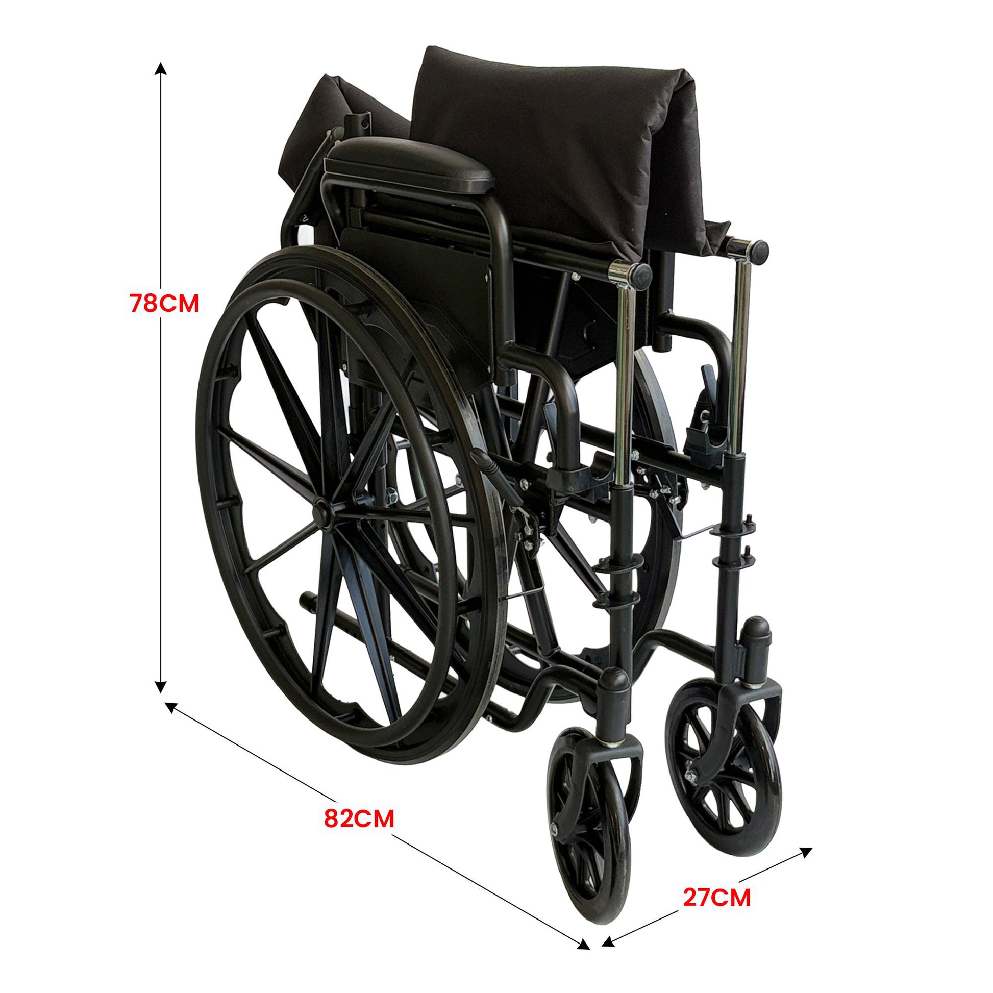 Black wheelchair with dimensions marked on a white background