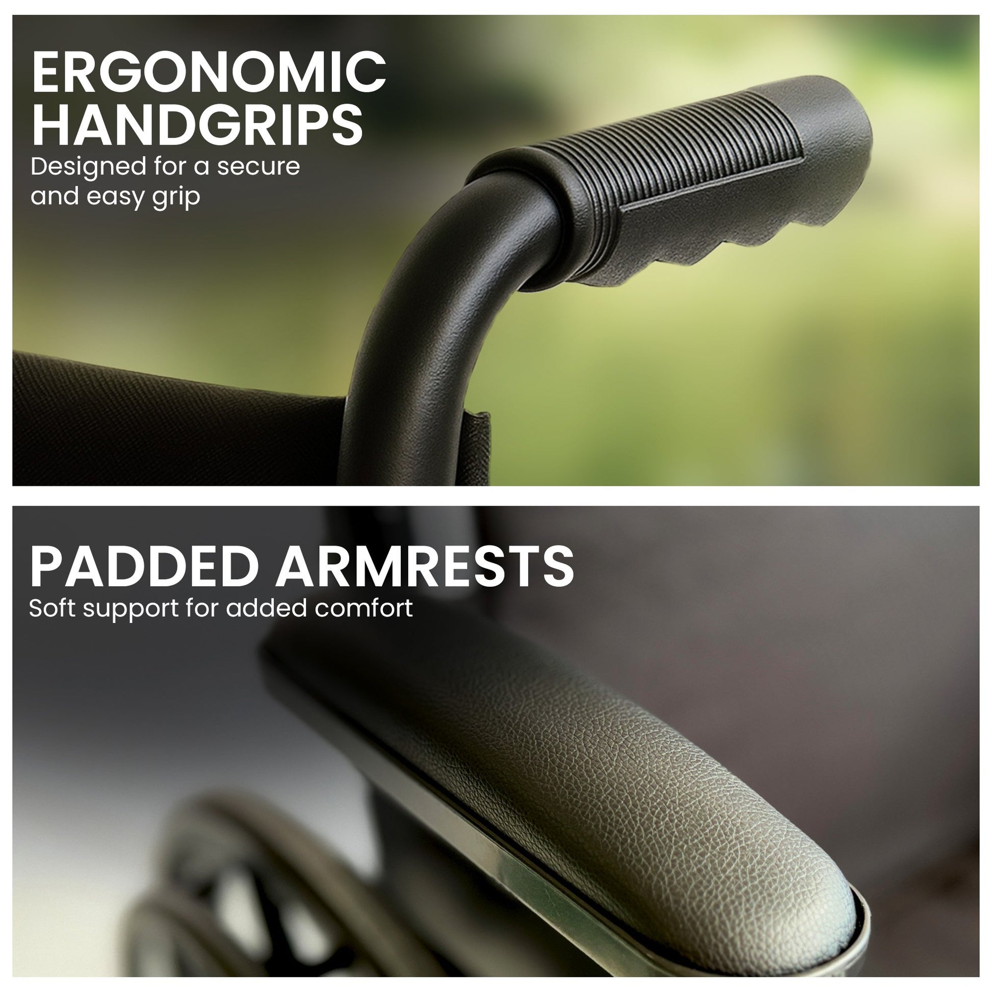 Ergonomic handgrips and padded armrests on a blurred background