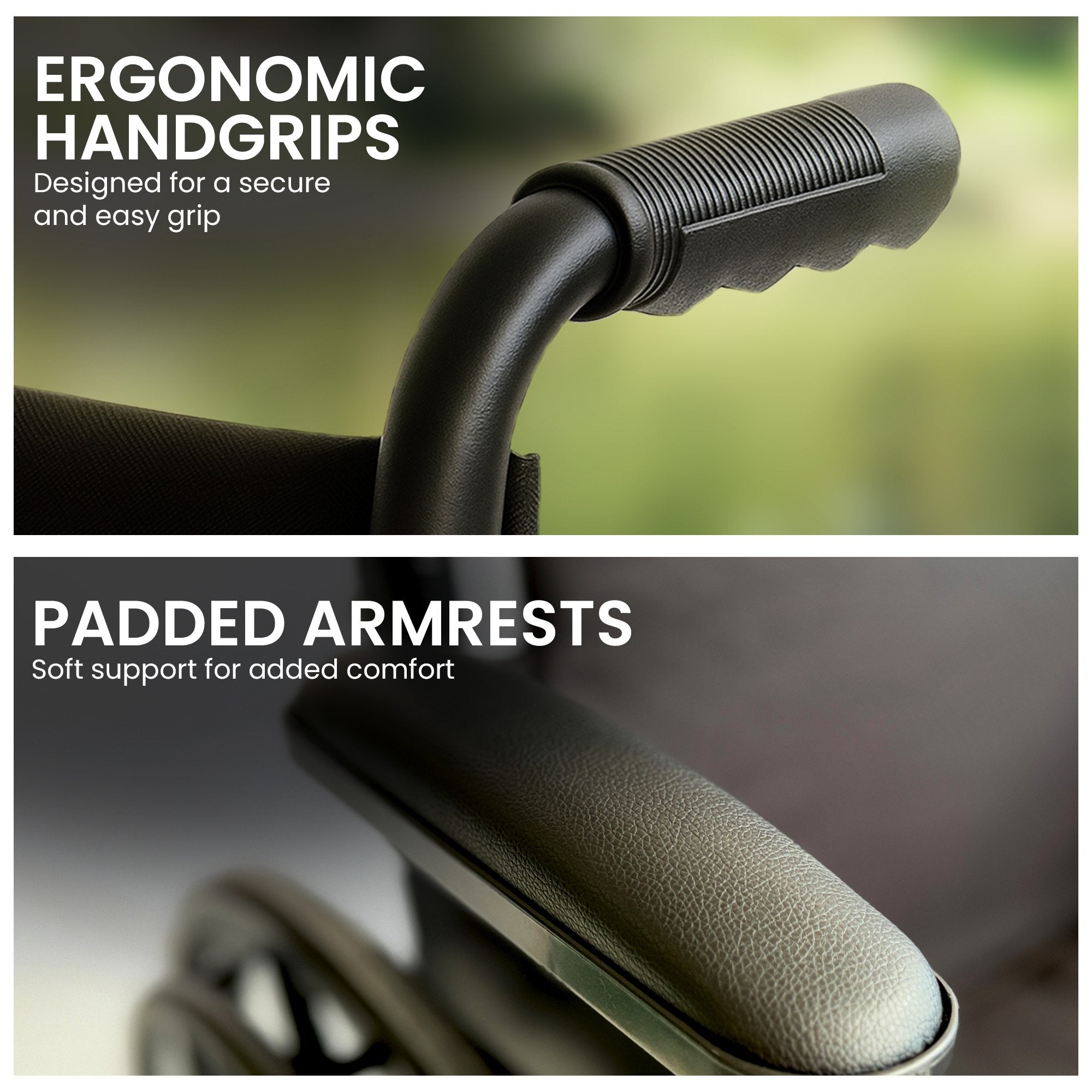 Ergonomic handgrips and padded armrests on a blurred background