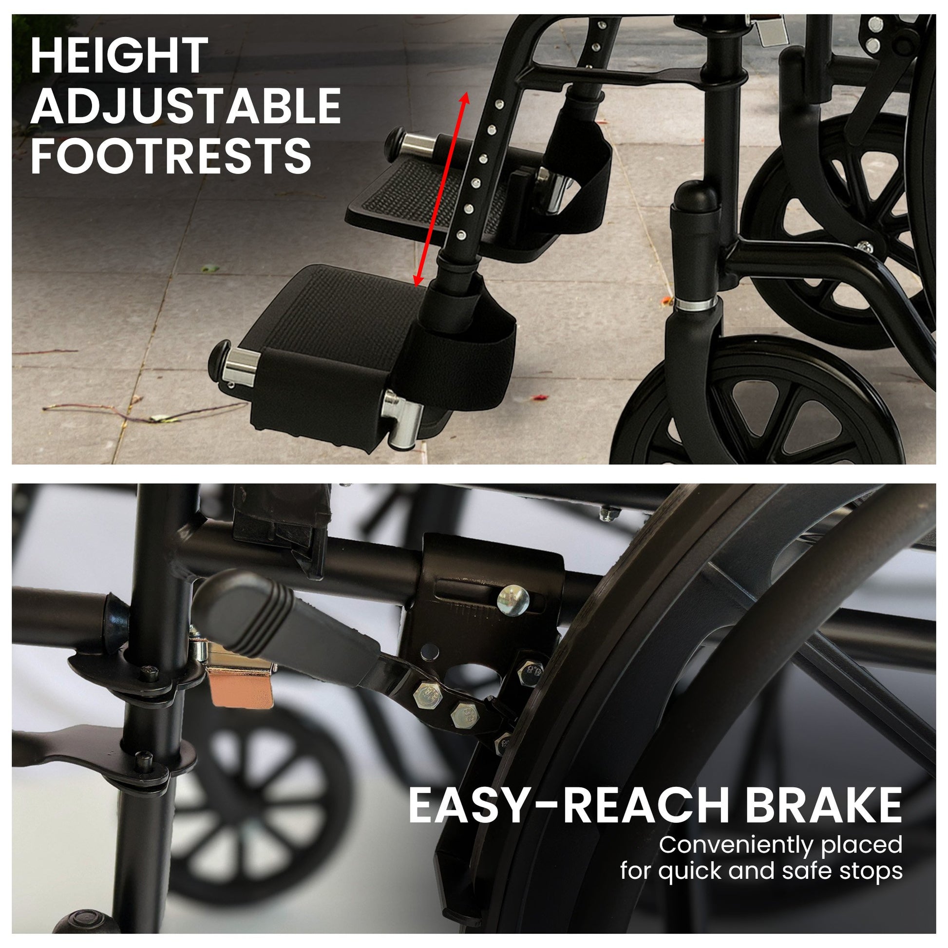 Collage of height adjustable footrests and easy-reach brake on a wheelchair.