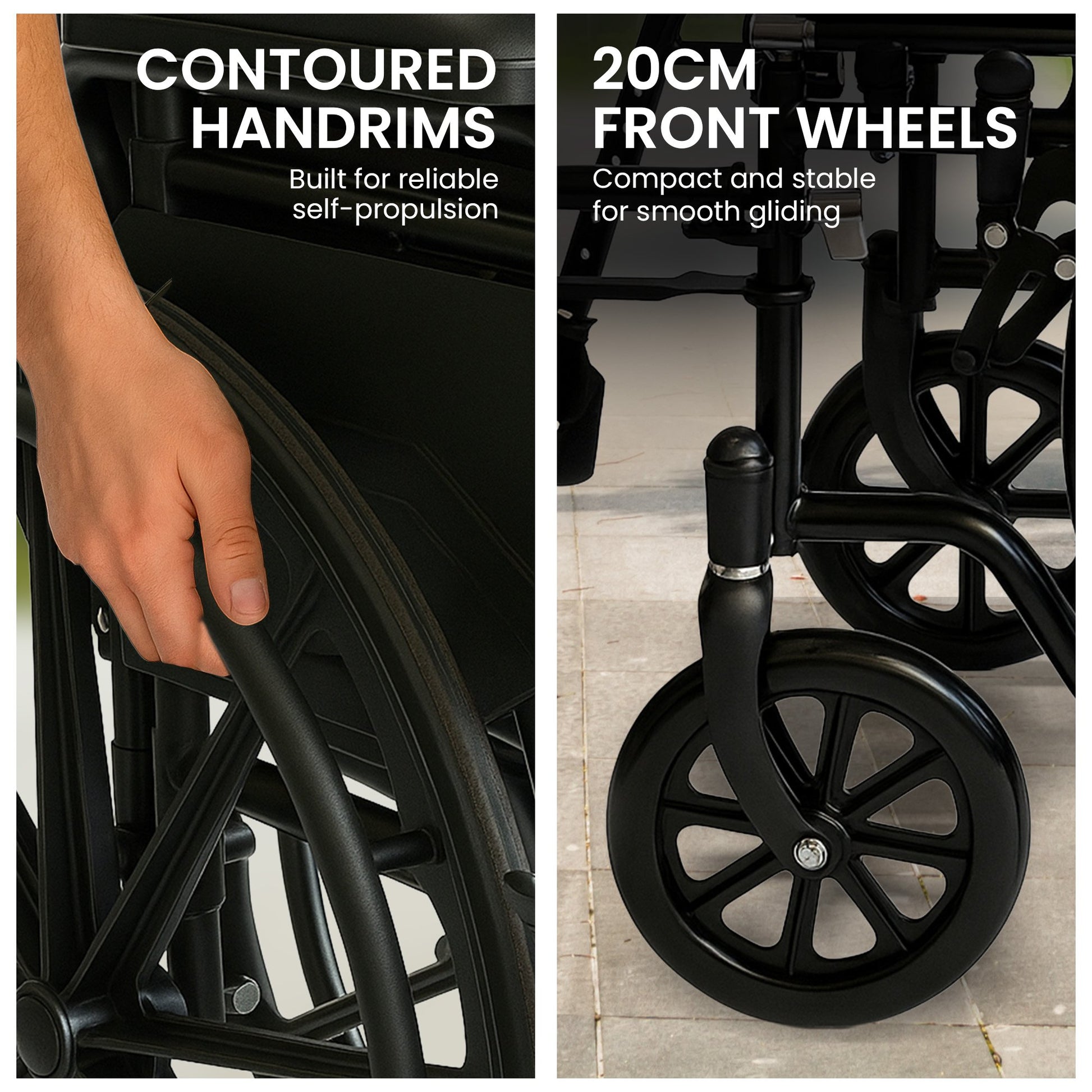 Black wheelchair with contoured hand rims and 20cm front wheels on a gray background