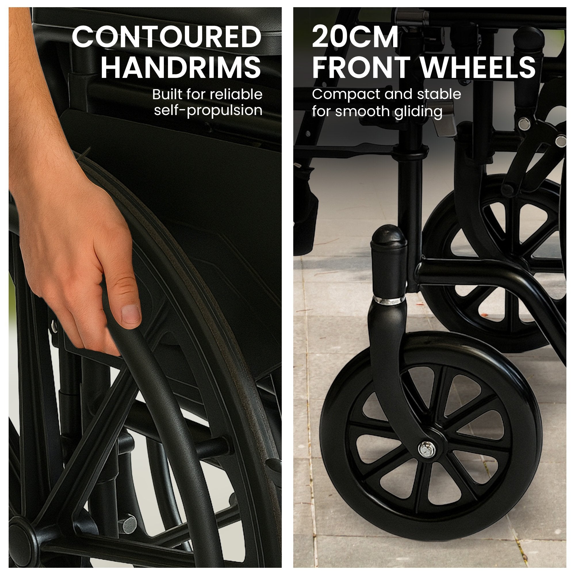 Black wheelchair with contoured hand rims and 20cm front wheels on a gray background