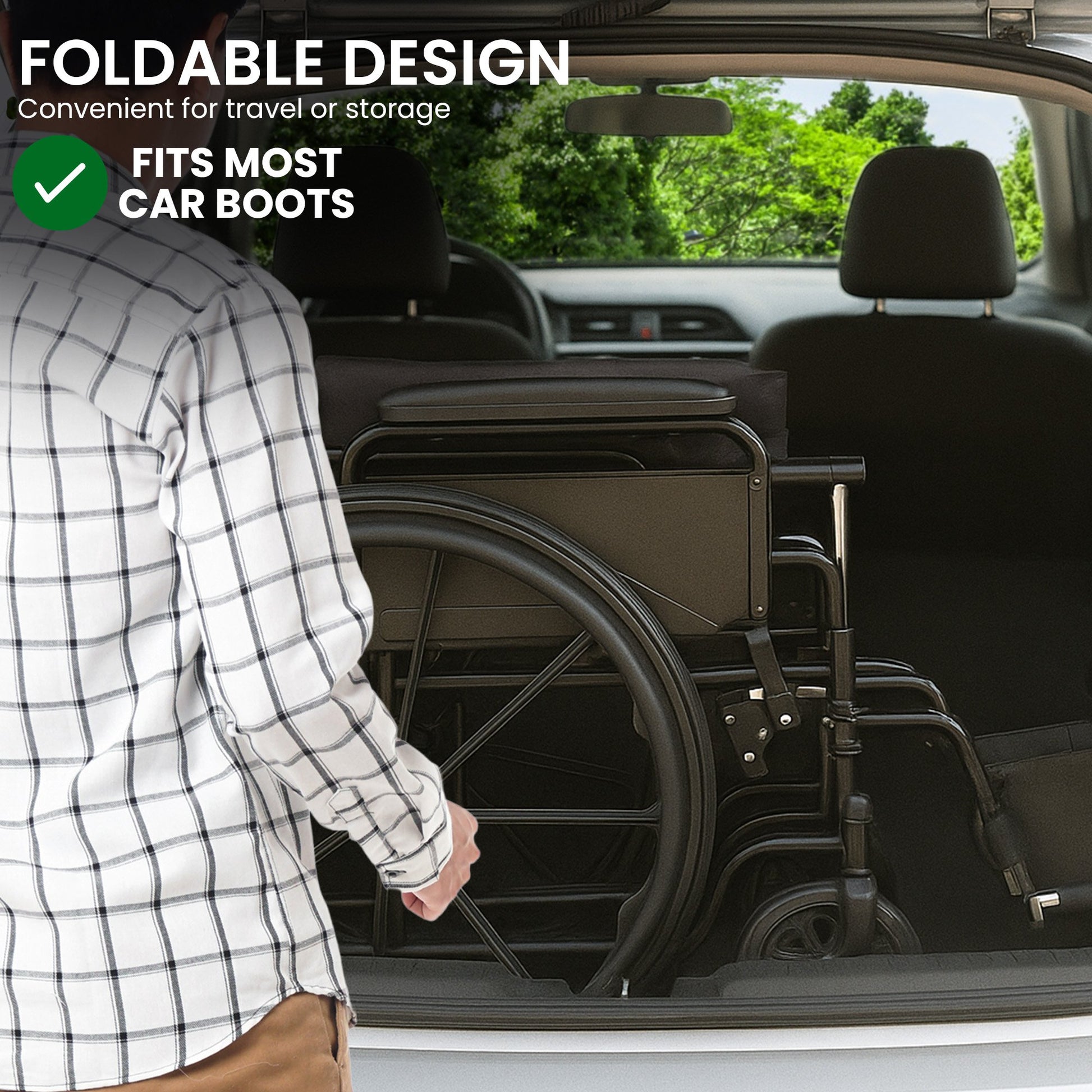 Foldable wheelchair being loaded into a car boot with text highlighting its foldable design and convenience for travel or storage.