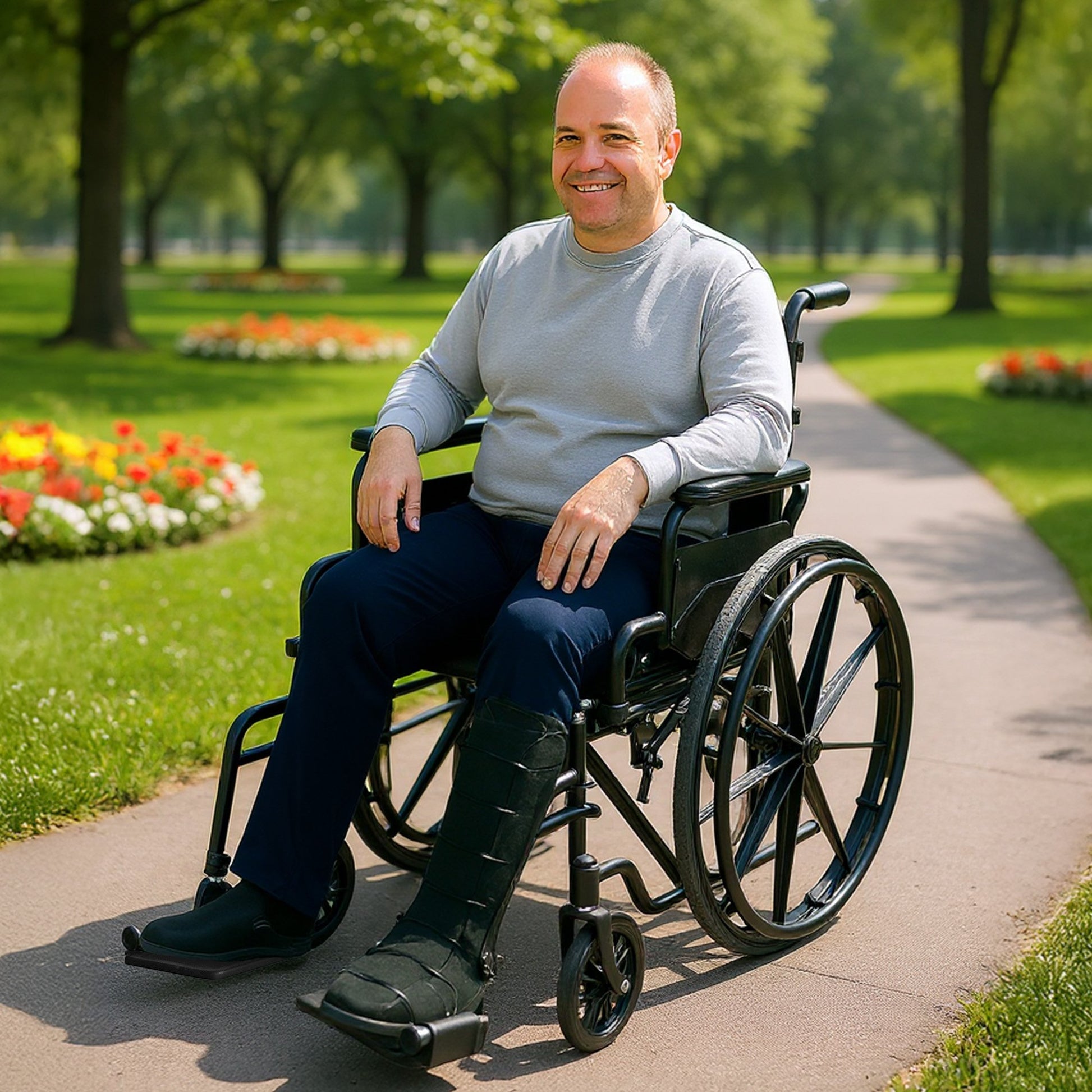 Man in a wheelchair sitting on a path in a park with trees and flowers.
