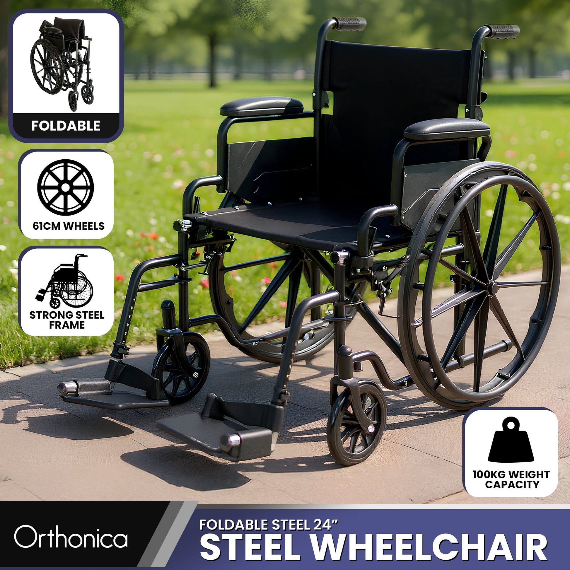 Foldable steel wheelchair with features highlighted on a grassy background