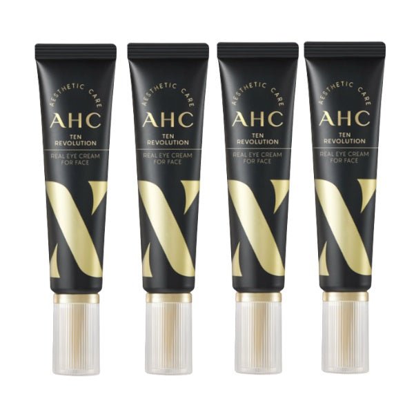 Four AHC Ten Revolution eye cream tubes on a white background