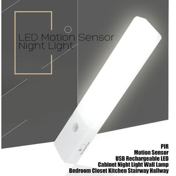 White LED motion sensor night light on a dark background with text describing its features.