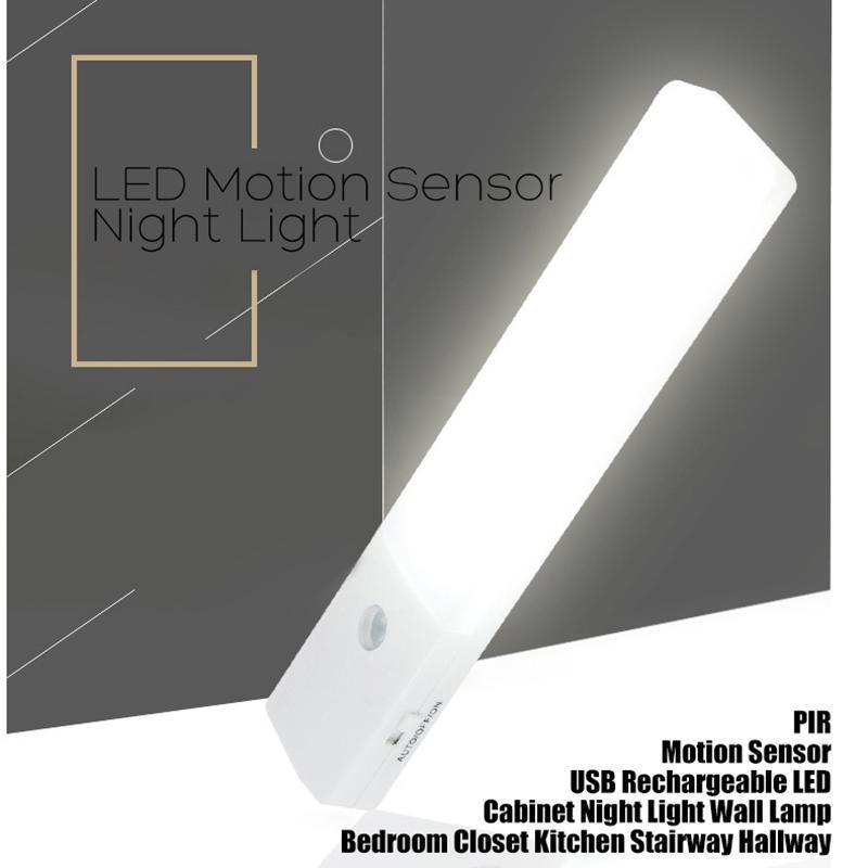 White LED motion sensor night light on a dark background with text describing its features.