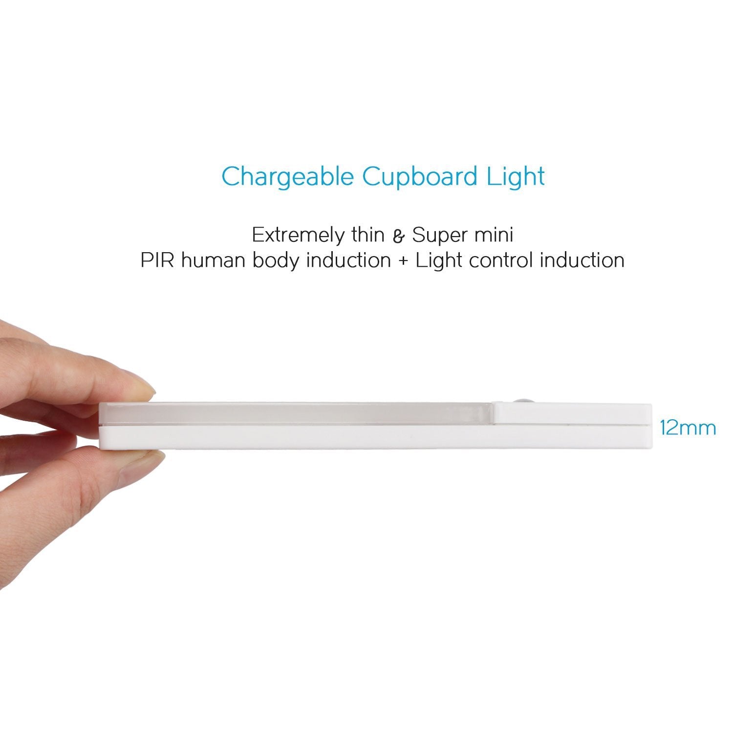 Chargeable cupboard light held by a hand with product specifications on a white background
