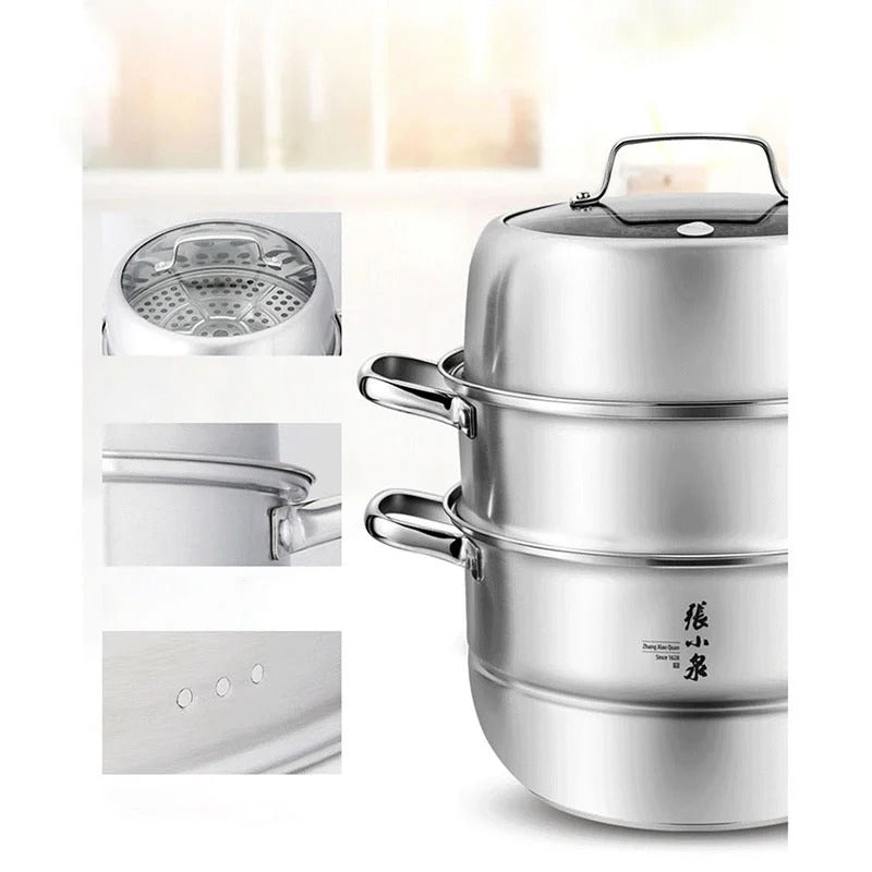 Stainless steel steamer with close-up details on a white background
