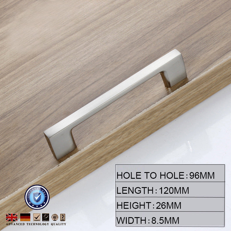 Cabinet handle on a wooden surface with technical specifications displayed.