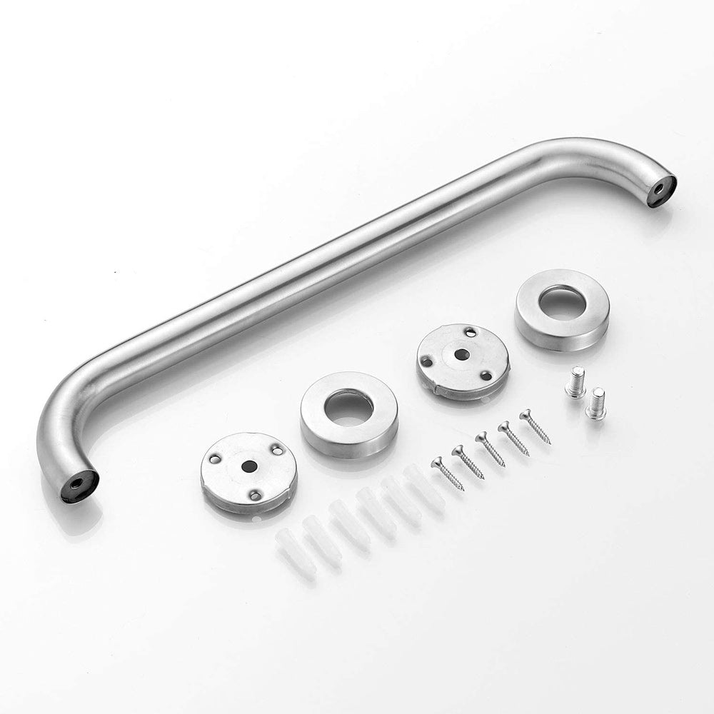 Stainless steel handle assembly with mounting hardware on a white background
