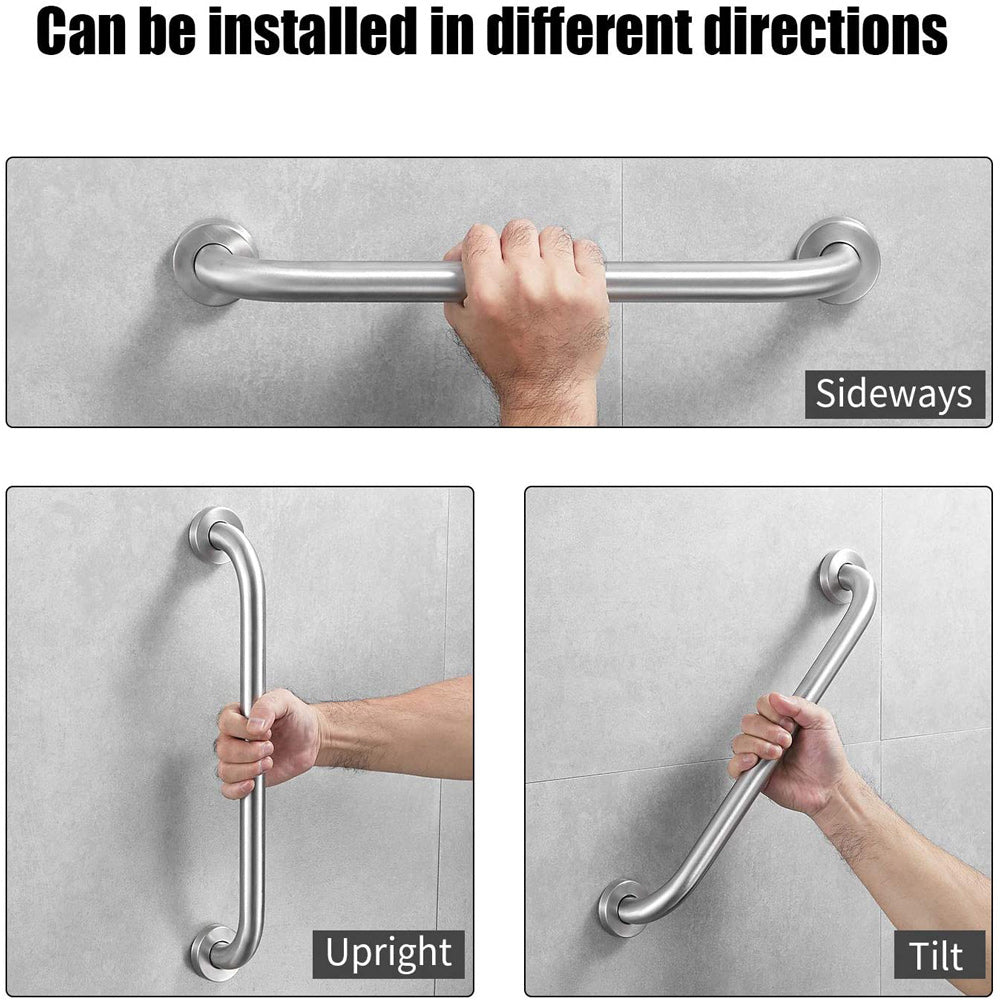 Stainless steel grab bar demonstrating installation in different directions on a tiled wall.