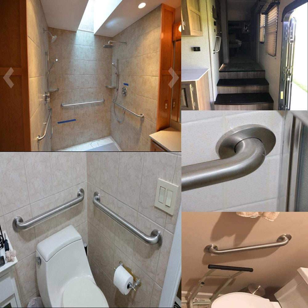 Collage of bathroom fixtures including a shower, toilet, and grab bars.