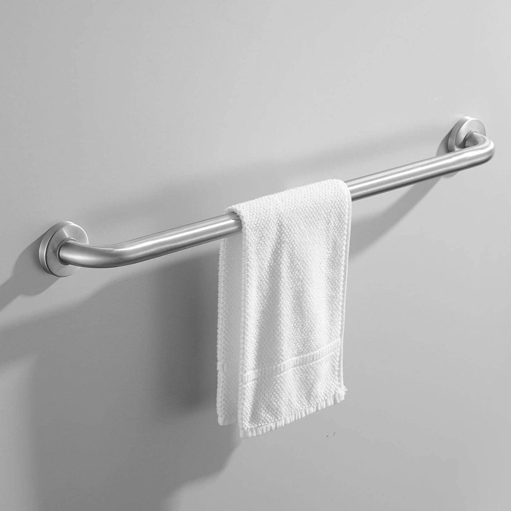 Towel hanging on a stainless steel grab bar against a gray wall