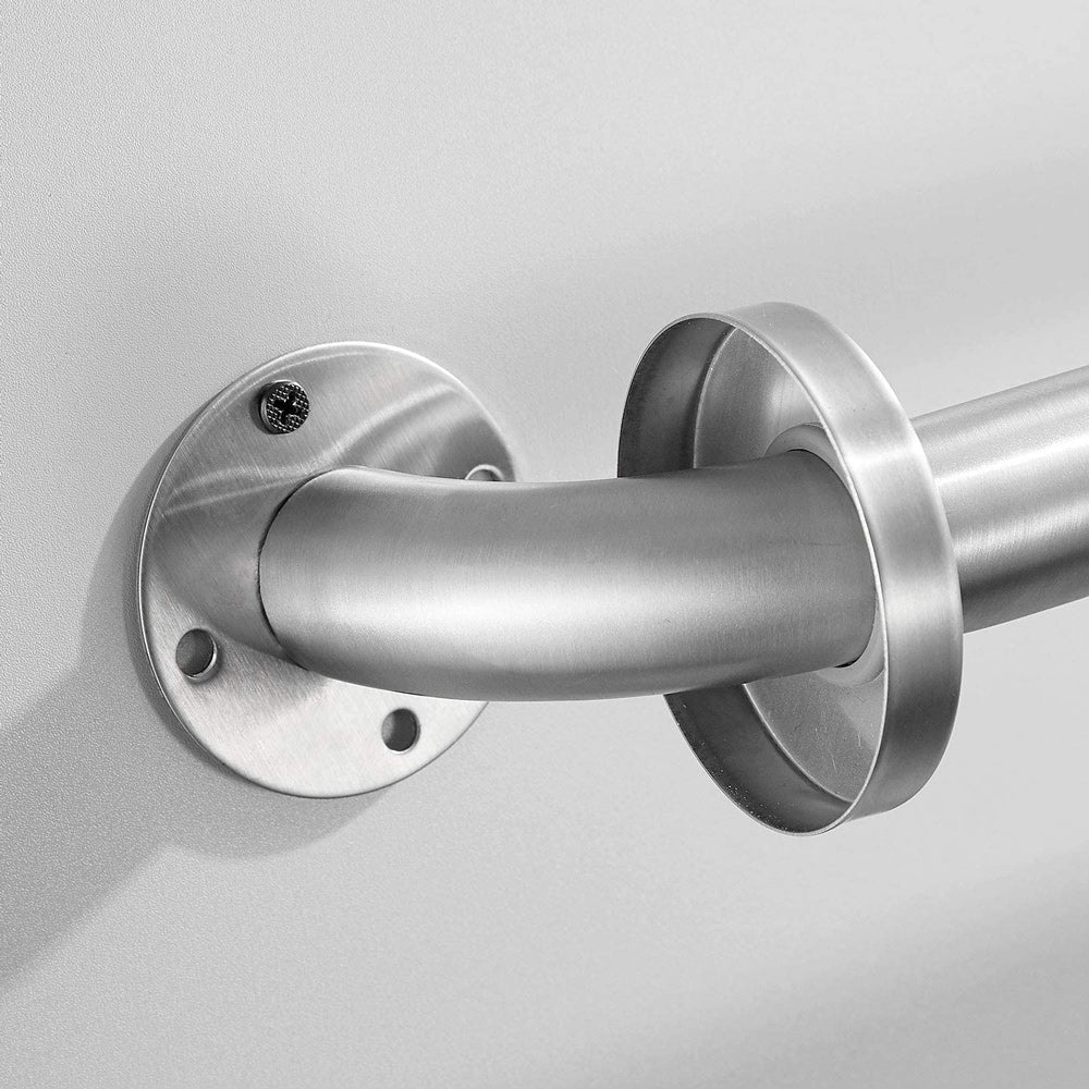 Metallic shower curtain rod bracket on a light gray background