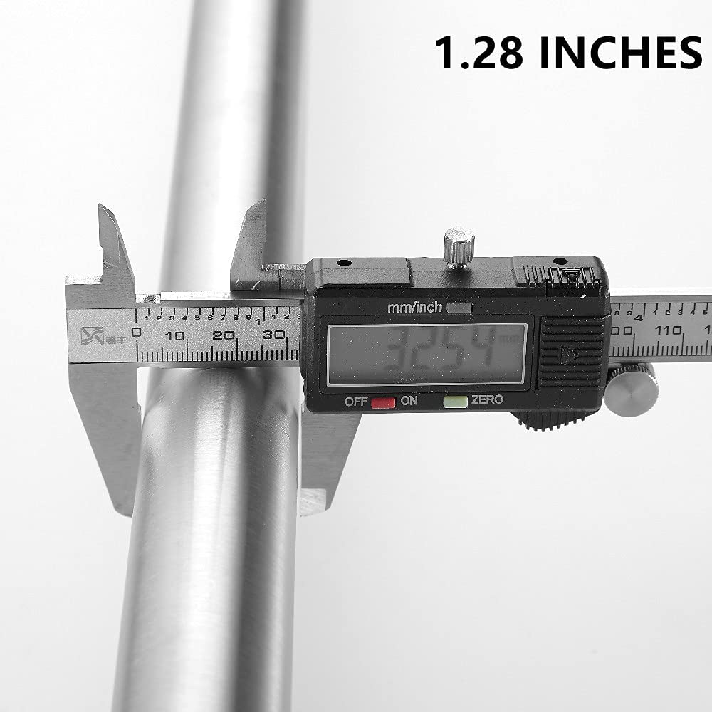 Digital caliper measuring a cylindrical metal rod with a white background