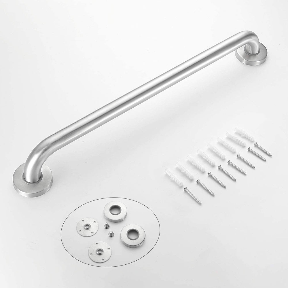 Metal grab bar with mounting hardware on a white background