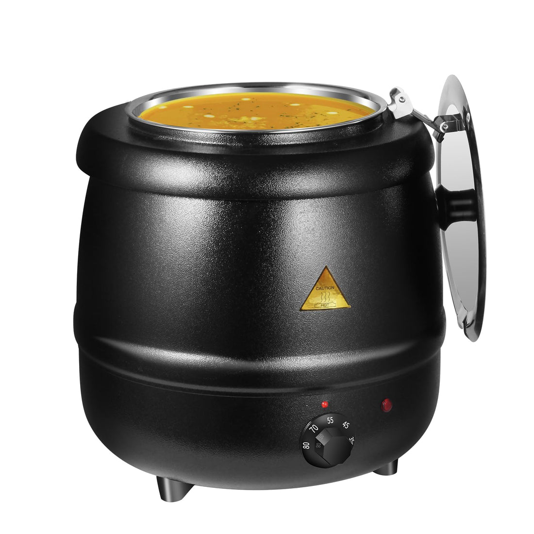 Black hotpot with soup inside on a white background
