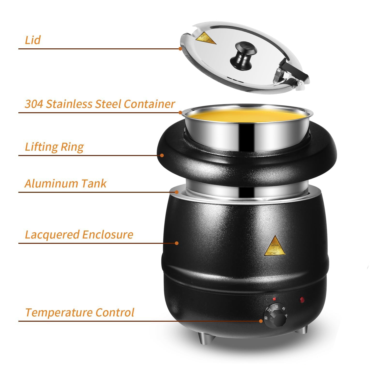 Black hot pot with labeled parts on a white background