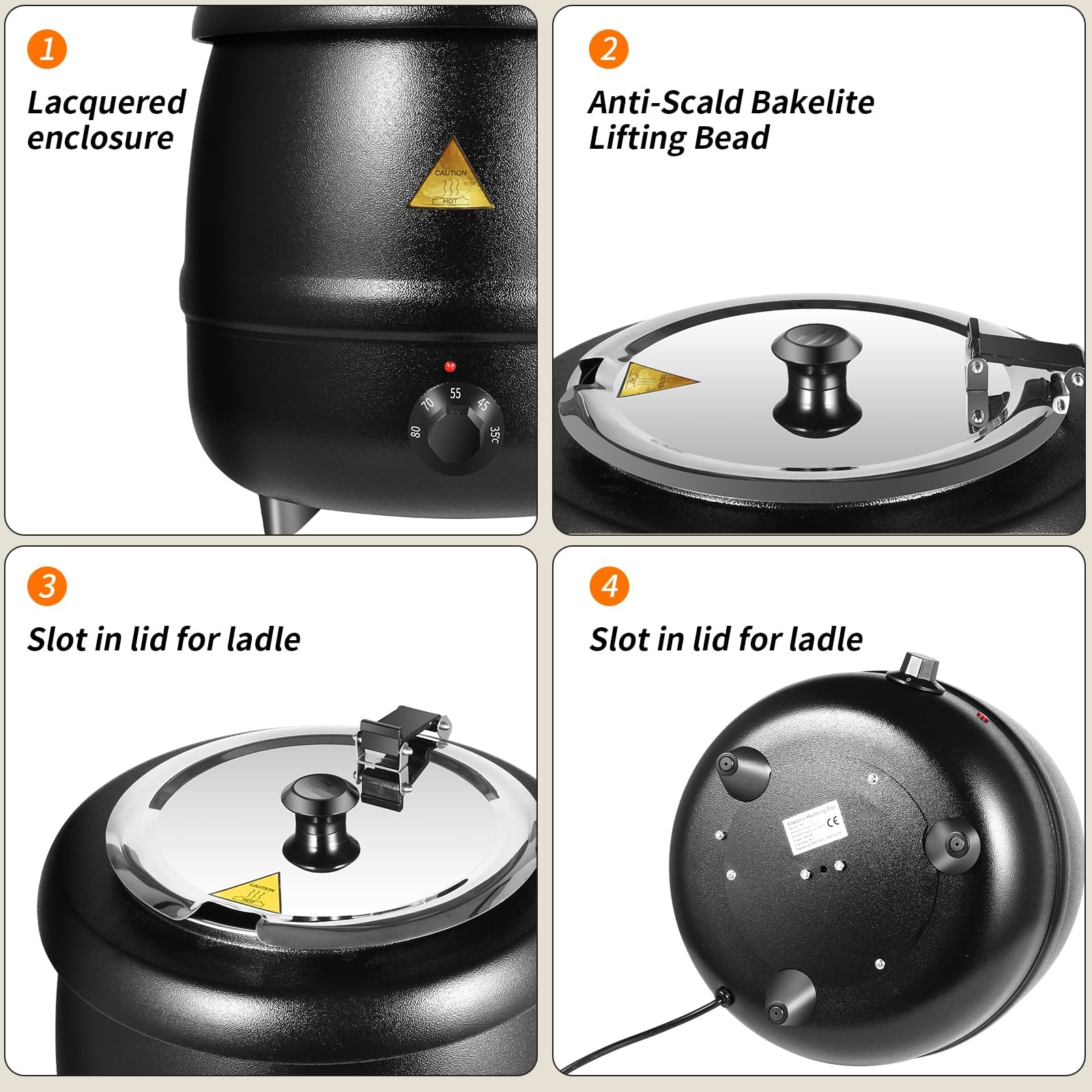Electric pressure cooker with features highlighted on a white background