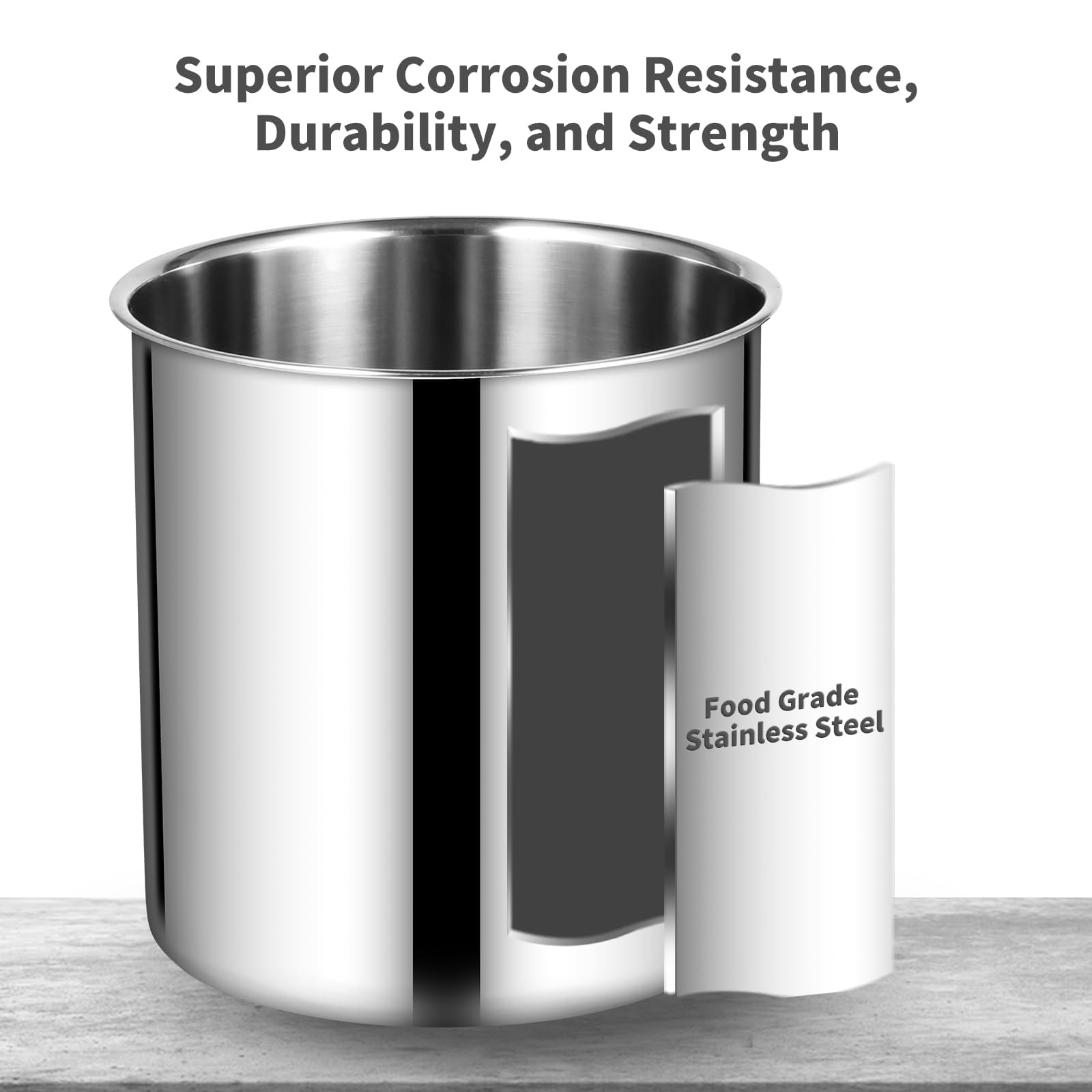 Stainless steel cup with text highlighting corrosion resistance, durability, and strength.