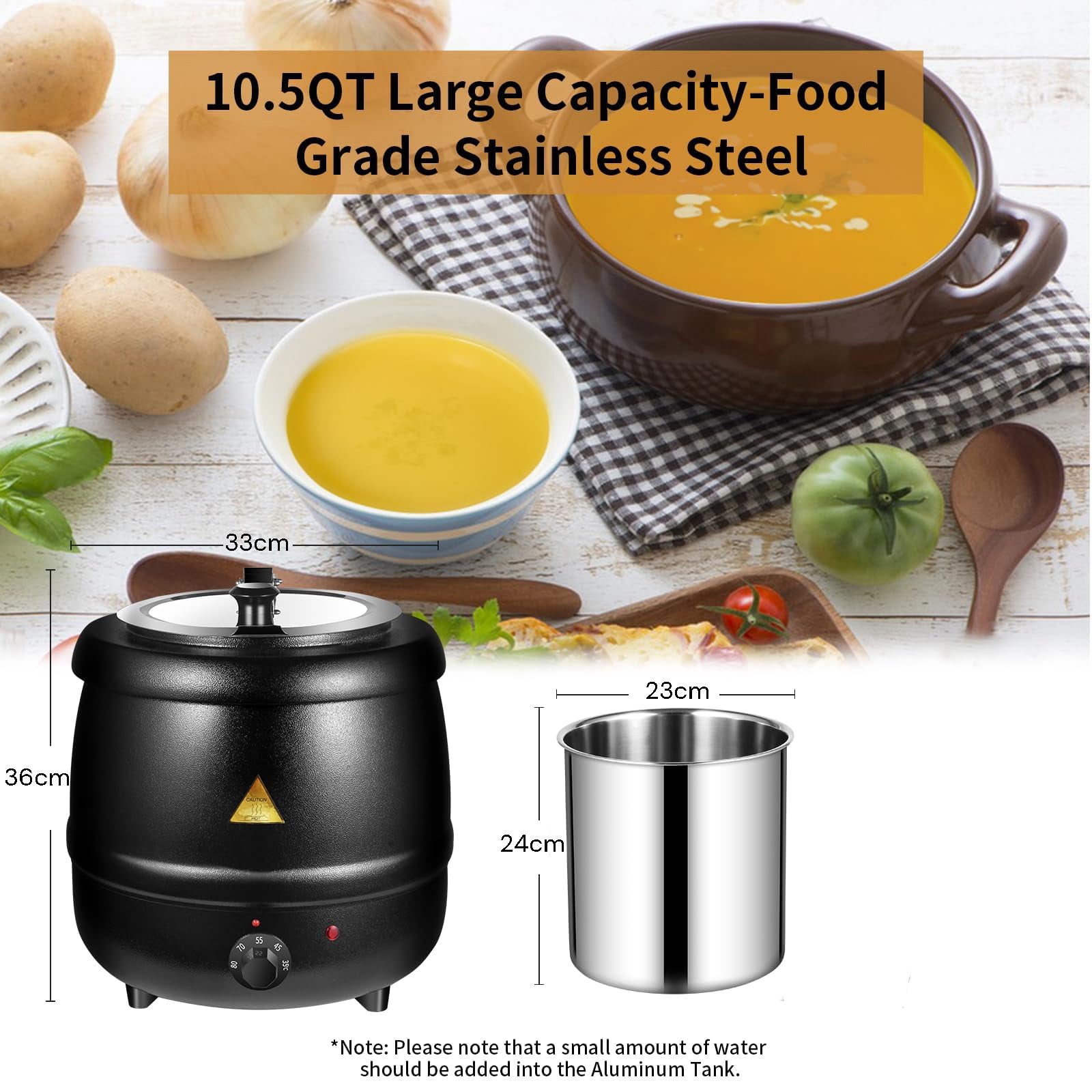 Stainless steel pot with soup, measuring chart, and vegetables on a wooden surface