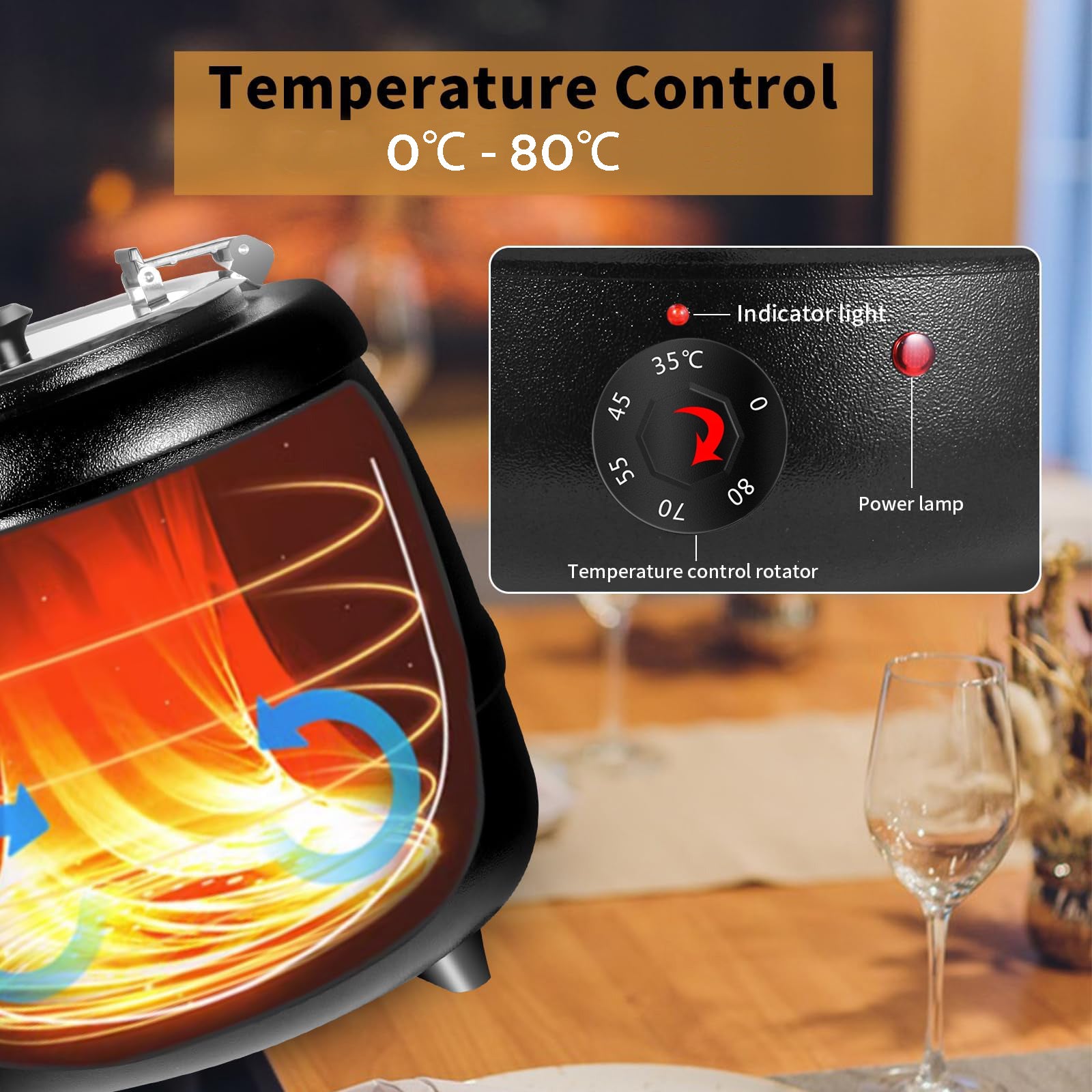 Temperature control device with indicator light and power lamp, set against a blurred background of a dining table with wine glasses.