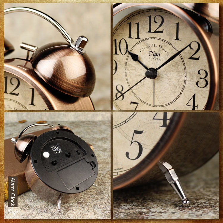 Collage of a bronze alarm clock with close-up details on a textured background