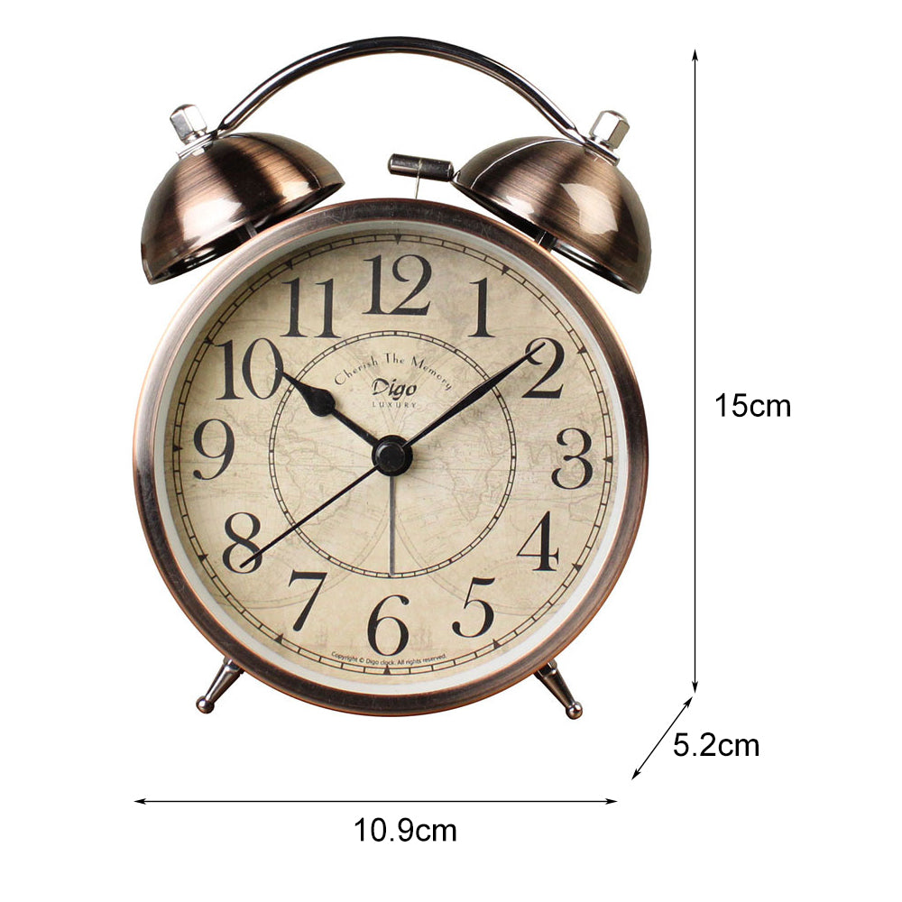 Vintage-style alarm clock with measurements on a white background