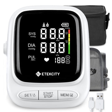 Etekcity blood pressure monitor with digital display on a white background