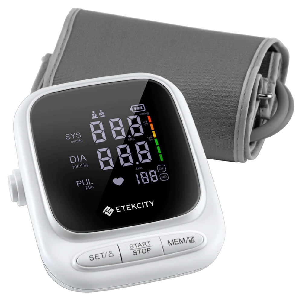 Etekcity blood pressure monitor with digital display on a white background